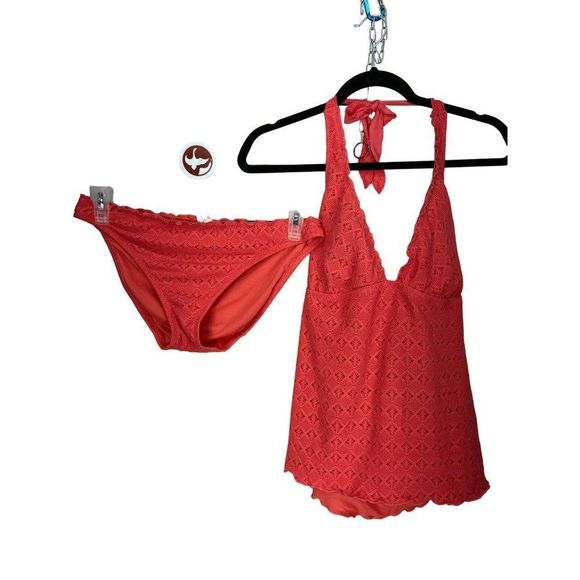 Mossimo Peach Coral Eyelet Halter‎ Style Size Large 2 Piece Swimsuit - Picture 1 of 9